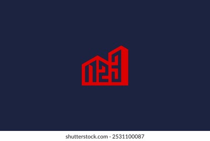 Un diseño de logotipo minimalista con Formas geométricas y números en rojo sobre un fondo oscuro.