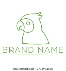 Um design de logotipo minimalista com uma ilustração de arte de linha verde da cabeça de um papagaio em perfil em um fundo branco limpo.