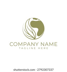 A minimalist logo design featuring a green globe integrated with stylized leaf patterns, symbolizing nature, sustainability, and global environmental care.