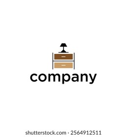 A minimalist logo design featuring a lamp on top of a two-drawer cabinet with the word 'company' written below it