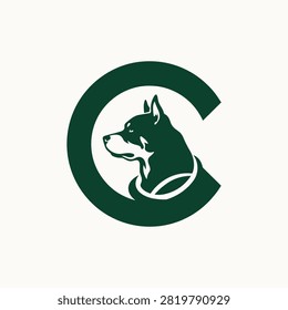 A minimalist logo design featuring the letter C integrated with a stylized dog head silhouette, perfect for pet-related brands, veterinary clinics, or animal shelters.