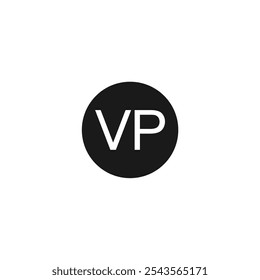 Um design de logotipo minimalista com as letras "VP" em uma fonte branca sem serifa, dentro de um quadro circular preto