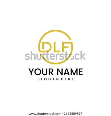 A minimalist logo design featuring the letters DLF in a golden circular outline, with 'YOUR NAME' and 'SLOGAN HERE' text placeholders below on a white backgr...
