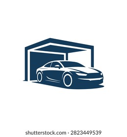 A minimalist logo design featuring a modern car parked inside a garage structure, isolated on white background, perfect for automotive businesses.