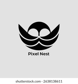 A minimalist logo design featuring a pixelated nest concept, utilizing a vibrant color palette and clean typography.