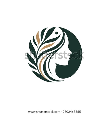 A minimalist logo design featuring the silhouette of a woman's face combined with flowing, leaf-like hair elements in shades of deep green and gold.