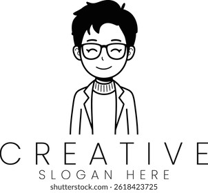 Minimalist logo design featuring a smiling boy wearing glasses. Perfect for branding and websites.