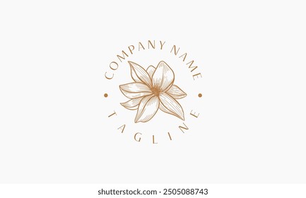 A minimalist logo design featuring a stylized lily flower in the center of a circle, surrounded by the text "Company Name" and "Tagline". The background is white.
