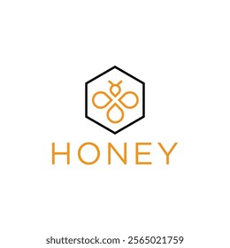 A minimalist logo design featuring a stylized bee within a hexagon