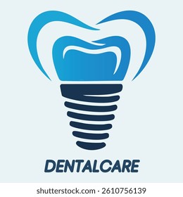 A minimalist logo design featuring a stylized dental implant in a bright blue color