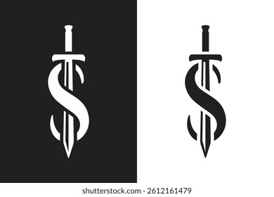 A minimalist logo design featuring a stylized letter "S" intersected by a sword, appearing on a black and white background.