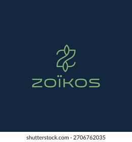 Um design de logotipo minimalista para Zöikos, com um símbolo de folha estilizada acima do nome da marca em uma fonte limpa e moderna, definido contra um fundo azul escuro.