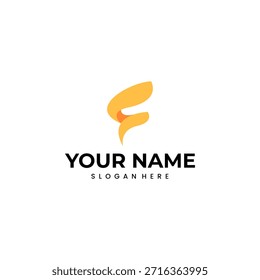 Un diseño de logotipo minimalista con una forma de naranja abstracta y estilizada que se asemeja a la letra 'F' con el texto 'TU NOMBRE' y 'LEMA AQUÍ' debajo.