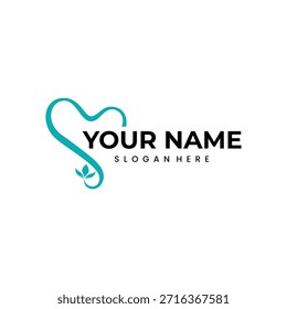 Ein minimalistisches Logo-Design mit einer stilisierten Teal-Herzform, die subtil einem Zahn ähnelt, mit einem kleinen Blatt Detail geschmückt, begleitet von Platzhaltertext für einen Markennamen und Slogan auf einem sauberen weißen Hintergrund.