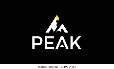 Um design de logotipo minimalista com um pico estilizado de montanha branca com um sotaque amarelo, definido contra um fundo preto escuro. A palavra "PEAK" é