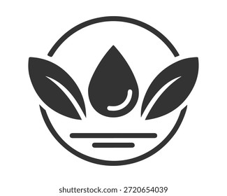 A minimalist logo design featuring a stylized leaf and water droplet symbol