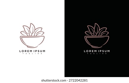 Um design de logotipo minimalista com uma planta estilizada em uma tigela em um fundo contrastante mostrando um estilo de ilustração simples, mas elegante
