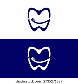 A minimalist logo design featuring a stylized tooth with a toothbrush brushing it, presented in both navy blue on white and white on navy blue backgrounds.