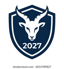 Minimalist logo design featuring a stylized gazelle or antelope head silhouette centered inside a navy blue shield emblem with the year 2027 inscribed below