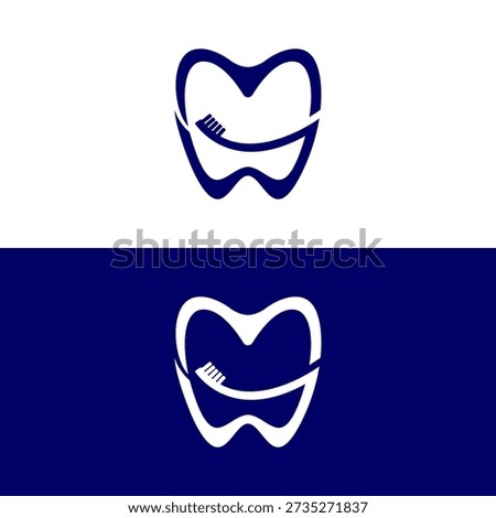 A minimalist logo design featuring a stylized tooth with a toothbrush brushing it, presented in both navy blue on white and white on navy blue backgrounds.