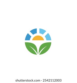 Minimalist logo design featuring a sun above green leaves, symbolizing growth, renewal, and nature. Ideal for environmental, eco-friendly, and sustainability projects.