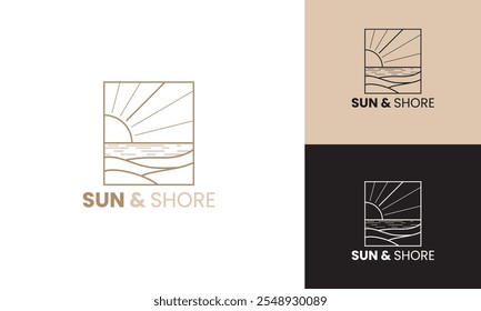 Design de logotipo minimalista com um pôr do sol sobre as ondas do oceano dentro de um quadro quadrado.