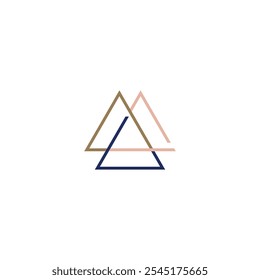 Um design de logotipo minimalista com três triângulos sobrepostos em cores diferentes: azul-marinho, ouro e rosa