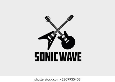 A minimalist logo design featuring two crossed electric guitars, a Flying V style and a Les Paul style, representing rock and roll music. Isolated on white background.