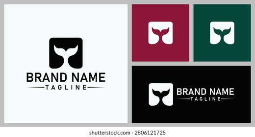 A minimalist logo design featuring a whale tail silhouette inside a rounded square, suitable for marine, ocean, or environmental brands. Vector format.