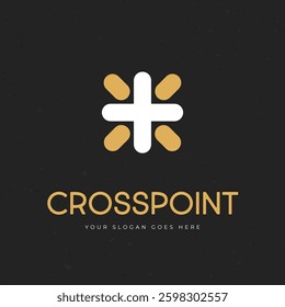 Minimalist logo design featuring a white cross with rounded edges and gold accents on a black background. The word 'CROSSPOINT' is written below in gold, with space for a slogan.