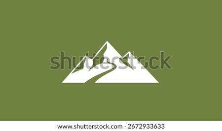 A minimalist logo design featuring a white mountain range with a winding path or river, set against a solid green background, evoking nature and adventure.