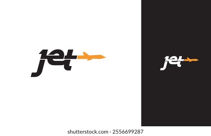 A minimalist logo design featuring the word jet integrated with a stylized airplane icon.