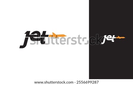 A minimalist logo design featuring the word jet integrated with a stylized airplane icon.