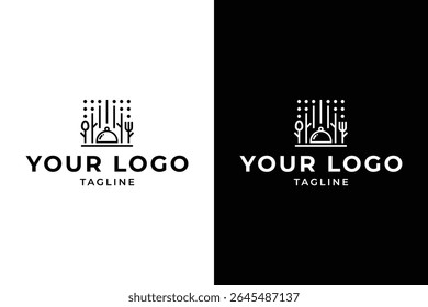 Minimalist logo design for food industry. The design features a covered dish, fork, spoon, and abstract dots. It's perfect for restaurants, cafes, food delivery, or any food-related business.