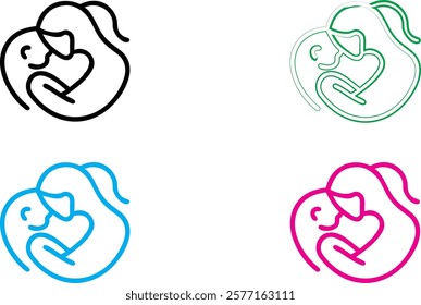 Minimalist logo design, heart-shaped outline, parent and child silhouette, nurturing embrace, simple line art, family care concept, monochrome variations, blue pink green black colors, maternal love s