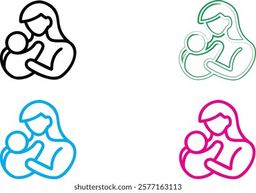 Minimalist logo design, heart-shaped outline, parent and child silhouette, nurturing embrace, simple line art, family care concept, monochrome variations, blue pink green black colors, maternal love s