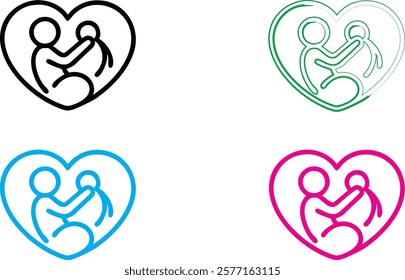 Minimalist logo design, heart-shaped outline, parent and child silhouette, nurturing embrace, simple line art, family care concept, monochrome variations, blue pink green black colors, maternal love s