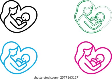 Minimalist logo design, heart-shaped outline, parent and child silhouette, nurturing embrace, simple line art, family care concept, monochrome variations, blue pink green black colors, maternal love s