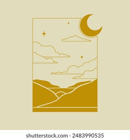 Minimalist logo design with mountains at night. Aesthetic desert silhouette 2d vector artwork.