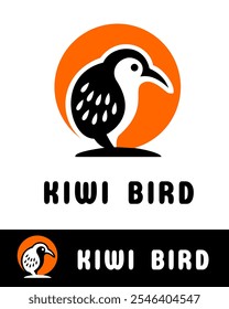 Un diseño de logotipo minimalista en naranja y negro, con un pájaro kiwi estilizado con líneas limpias