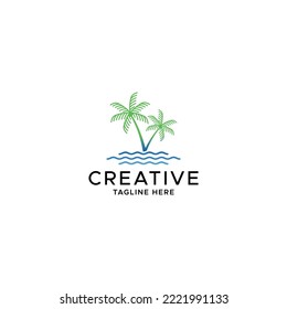 Minimalist logo design of palm and wave beach. palm tree line art logo, beach line art logo design, blue and green color combination, modern beach symbol logo design. 