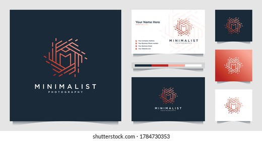 Minimalist logo design photography with initial M. line style design, lens, focus and optical.