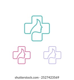 Minimalist logo design representing positive healthcare with a thumbs up symbol merging with a woman's profile within a medical cross
