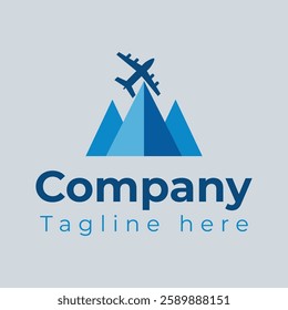 A minimalist logo design showcasing a stylized airplane soaring over three stacked triangular mountains.