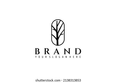 Minimalist logo design silhouette of a tree branch inside an oval frame.