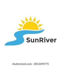 A minimalist logo design for Sun River featuring a radiant yellow sun rising above a stylized blue water wave stream. Perfect for nature, travel, or water brands.