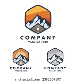 Minimalist Logo design template for house or cabin rental with mountain. home logo construction. house mountain logo template Vector illustration