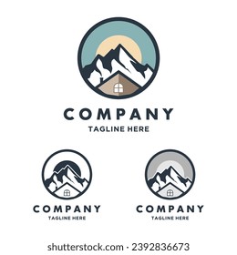 Minimalist Logo design template for house or cabin rental with mountain. home logo construction. house mountain logo template Vector illustration