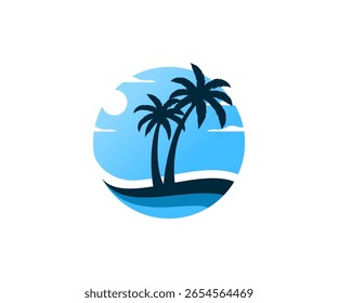 Un diseño de logotipo minimalista que presenta dos palmeras estilizadas en una isla, con las olas del océano y el cielo representados en diferentes tonos de azul. 