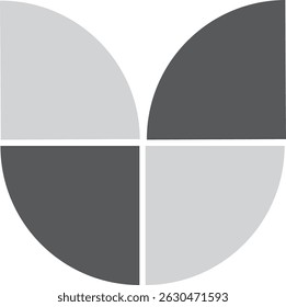 Designs de logotipo minimalistas. O logótipo é um desenho geométrico composto por quatro segmentos de um quarto de círculo, dispostos de forma quadrada.